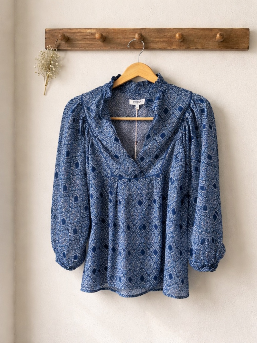 Umgee Blue Printed V-Neck Peasant Blouse